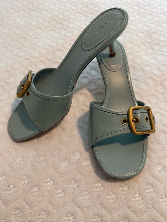 Coach Shoes - Coach Light Blue Leather Buckle Mule Heels